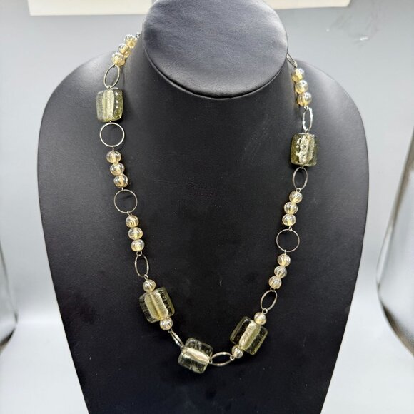 Glass Beaded Clear Fused Square Chunky Beads Necklace Gold Tone - Picture 3 of 5